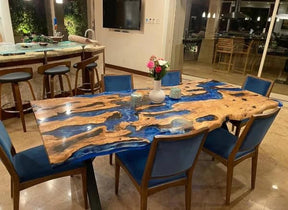 Customized Epoxy Table, Dining Table, Ocean Look Table Top, Unique Furnished Table, Epoxy Live Edge Table, Olive Design Dining Table