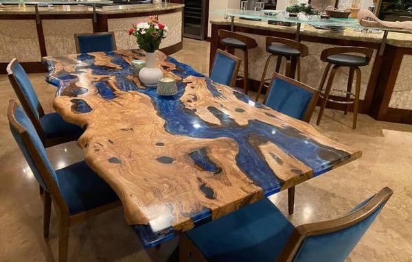 Customized Epoxy Table, Dining Table, Ocean Look Table Top, Unique Furnished Table, Epoxy Live Edge Table, Olive Design Dining Table