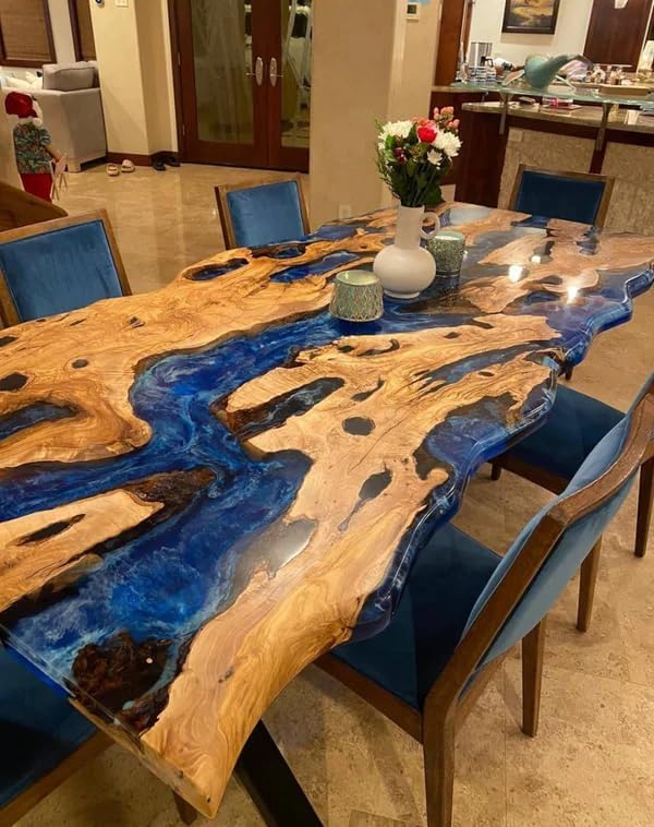 Customized Epoxy Table, Dining Table, Ocean Look Table Top, Unique Furnished Table, Epoxy Live Edge Table, Olive Design Dining Table