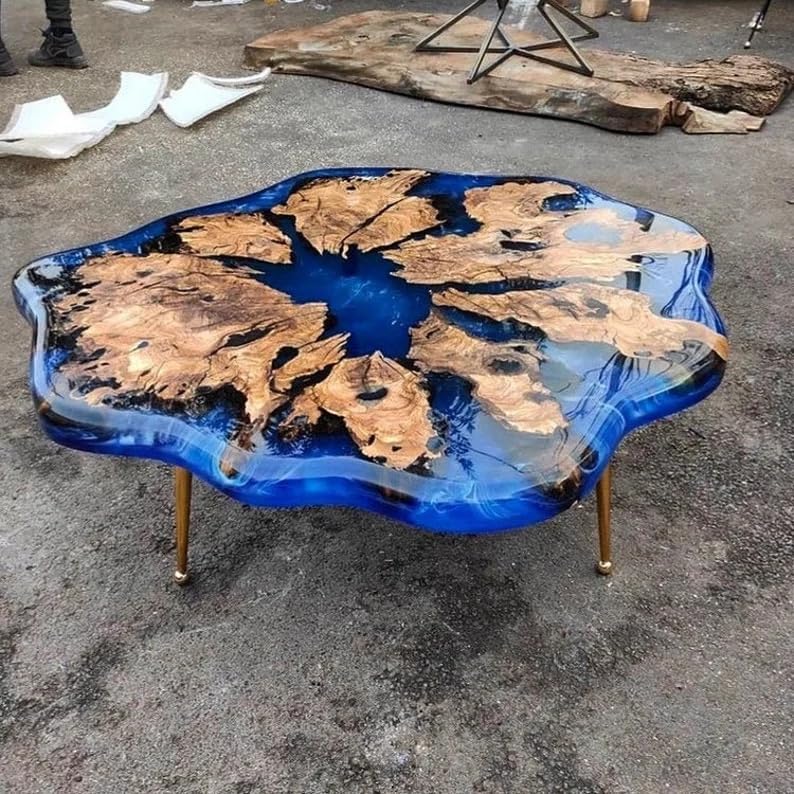 Customized Resin Epoxy Round Table Top, Blue Ocean River Look, Coffee Table Design, Resin Table, Luxury Decor Table, Walnut Table, Wooden Resin Table,