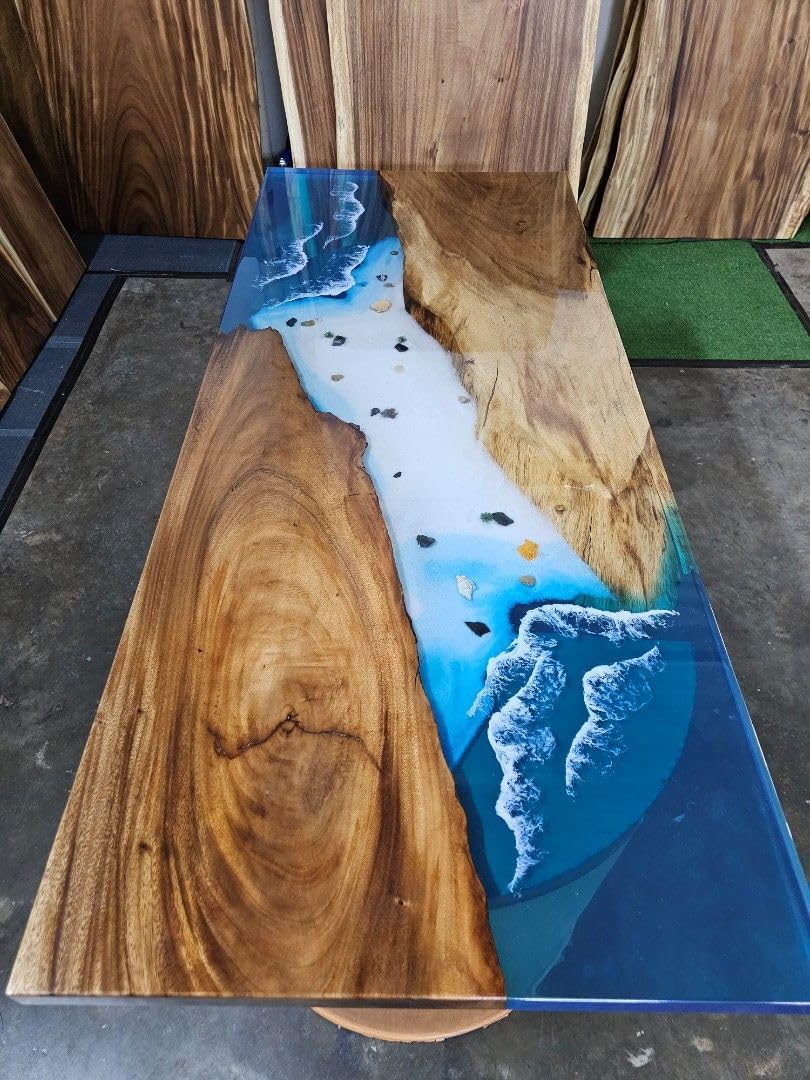 TUZECH Natural Wood Resin Epoxy Realistic Ocean Beach Feel with Waves Table Coastal Table Top Dining Table Coffee Table Side/End Table Home Décor