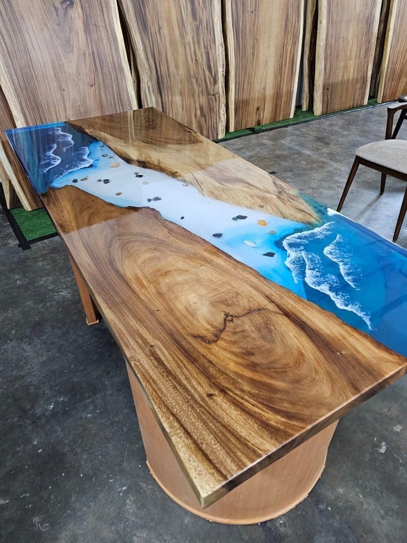 TUZECH Natural Wood Resin Epoxy Realistic Ocean Beach Feel with Waves Table Coastal Table Top Dining Table Coffee Table Side/End Table Home Décor