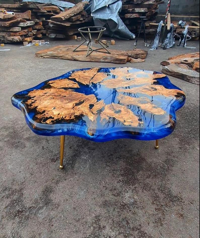 Customized Resin Epoxy Round Table Top, Blue Ocean River Look, Coffee Table Design, Resin Table, Luxury Decor Table, Walnut Table, Wooden Resin Table,