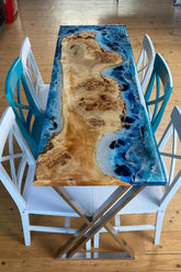 Customized Dine Room Natural Edge Table, Ocean Dining Table, Ocean Epoxy Table, Epoxy Kitchen Table, Blue Epoxy Wooden Table, Resin DinningTable