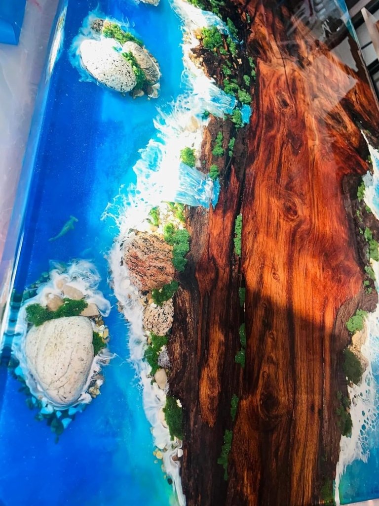 Aquatic Island Waterfall Epoxy Resin Table with Rock and Stone Dining Table Living Room Table Coffee Table Center Table Console Table Side/End Table Patio Table - resinhomefurniture