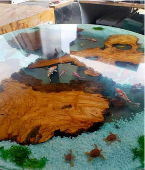 Artistic Aquatic Epoxy Resin Round Coffee Table with Koi Fish Dining Table for 2, 4, 6, 8 Living Room Table, End/Side Table, Bar Table Home Décor - resinhomefurniture