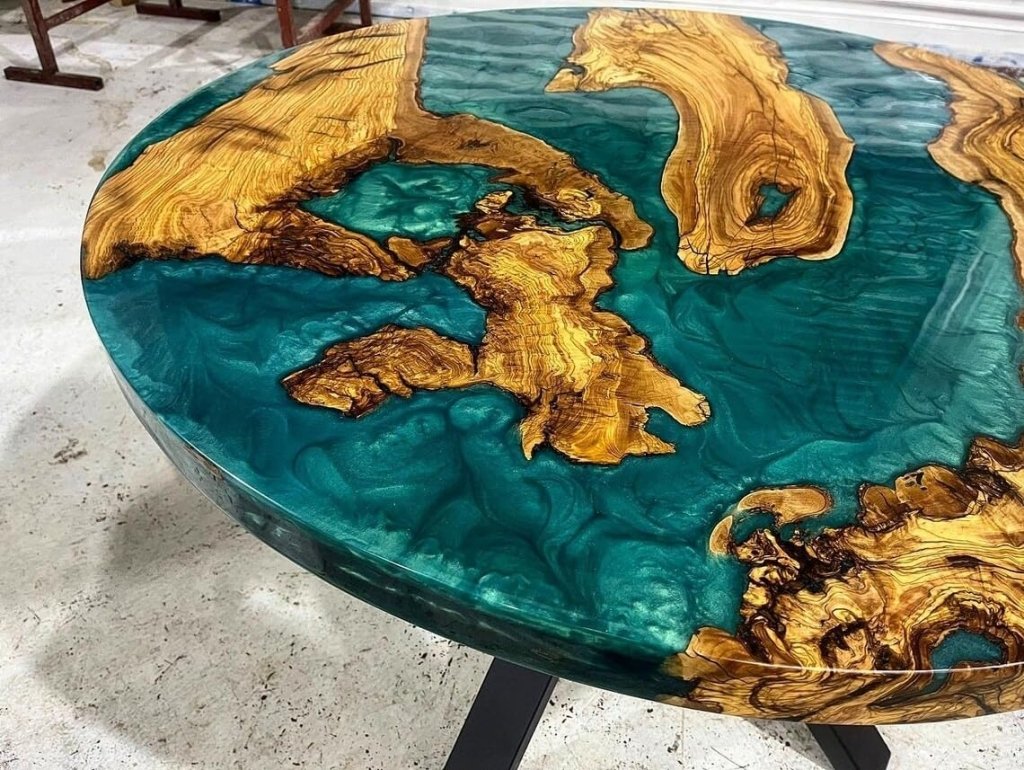 Beautiful Olive Teal Green Blue Round Epoxy Resin Coffee Table Dining Table Kitchen Table Patio Table Console Table Living Room Table Central Table Side Table - resinhomefurniture