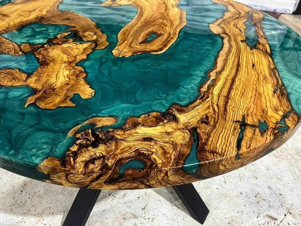 Beautiful Olive Teal Green Blue Round Epoxy Resin Coffee Table Dining Table Kitchen Table Patio Table Console Table Living Room Table Central Table Side Table - resinhomefurniture