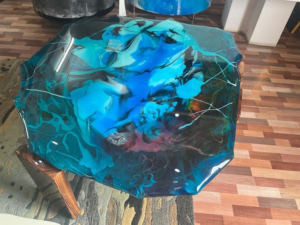 Blue Epoxy Waves Look Resin Dining Table Coffee Table End Table Wooden Table Living Room Table Bar Counter Home Décor Side Table Top. Size 51 by 42 Inches, Without Legs - resinhomefurniture