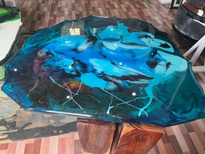 Blue Epoxy Waves Look Resin Dining Table Coffee Table End Table Wooden Table Living Room Table Bar Counter Home Décor Side Table Top. Size 51 by 42 Inches, Without Legs - resinhomefurniture