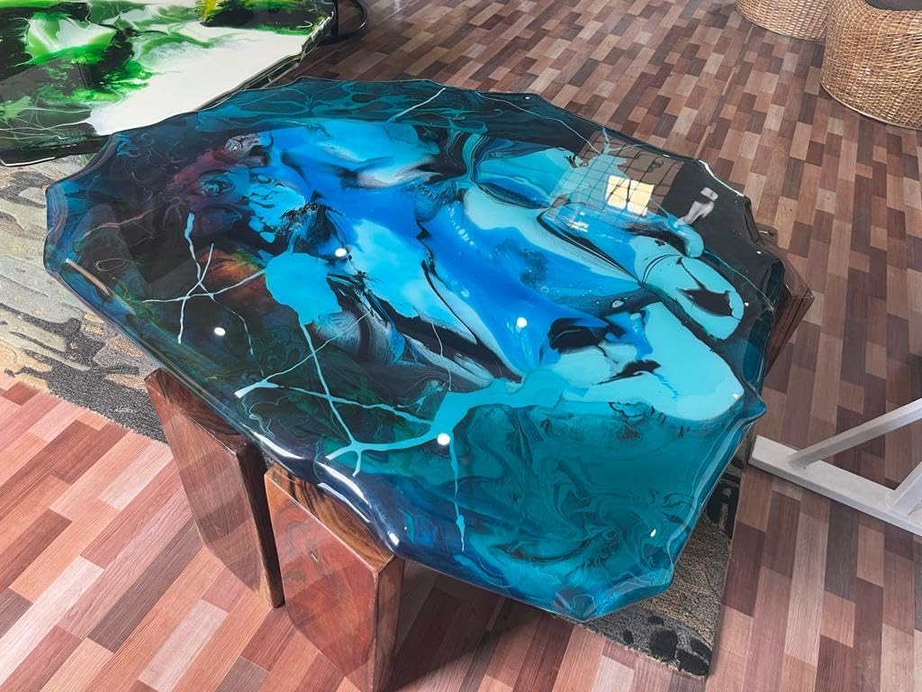 Blue Epoxy Waves Look Resin Dining Table Coffee Table End Table Wooden Table Living Room Table Bar Counter Home Décor Side Table Top. Size 51 by 42 Inches, Without Legs - resinhomefurniture