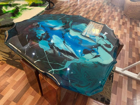 Blue Epoxy Waves Look Resin Dining Table Coffee Table End Table Wooden Table Living Room Table Bar Counter Home Décor Side Table Top. Size 51 by 42 Inches, Without Legs - resinhomefurniture