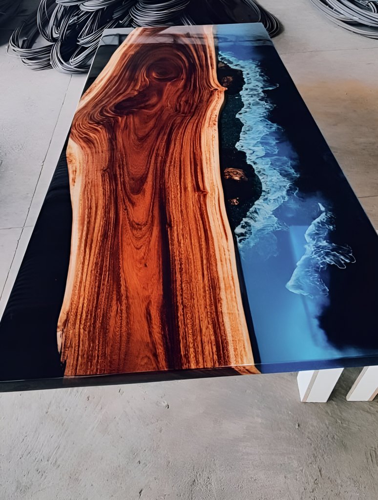 Blue Ocean Beach With Wave Look Epoxy Resin Dining Table Coffee Table End Table Wooden Table Living Room Table Home D?cor Side Table Top - resinhomefurniture