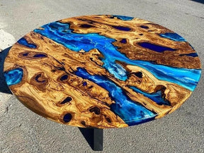 Classic Custom Wood Blue Epoxy Round Coffee Table Dining Table Living Table Multi Ocean Wave Table For 2, 4, 6, 8 Coastal Table Side/End Table Home Décor Luxury Table - resinhomefurniture