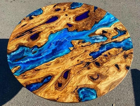 Classic Custom Wood Blue Epoxy Round Coffee Table Dining Table Living Table Multi Ocean Wave Table For 2, 4, 6, 8 Coastal Table Side/End Table Home Décor Luxury Table - resinhomefurniture