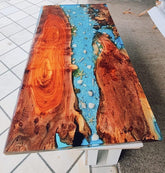 Custom Made Clear Blue River with Shells and Stones Look Epoxy Dining Table Coffee Table End Table Bar Counter Top Living Room Table Wooden Table - resinhomefurniture