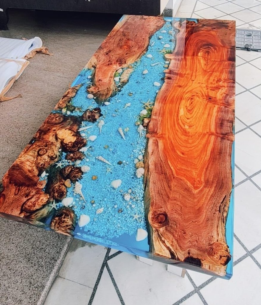 Custom Made Clear Blue River with Shells and Stones Look Epoxy Dining Table Coffee Table End Table Bar Counter Top Living Room Table Wooden Table - resinhomefurniture