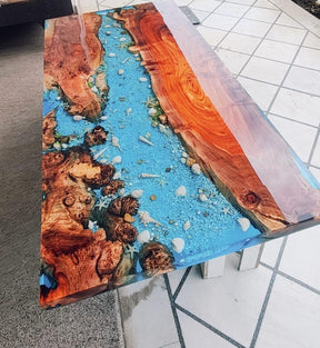 Custom Made Clear Blue River with Shells and Stones Look Epoxy Dining Table Coffee Table End Table Bar Counter Top Living Room Table Wooden Table - resinhomefurniture