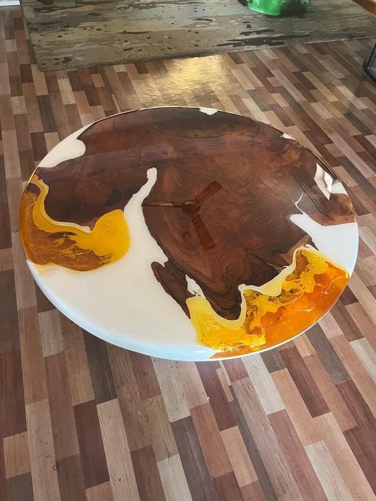 Custom Made Dark Wood with White Yellow Epoxy Table Epoxy Coffee Table End Table Bar Counter Top Living Room Table Wall Art Wooden Table. Size 34 by 34 Inches, Without Legs - resinhomefurniture