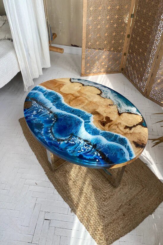 Custom Made River Beach With Stone Round Table Top Dinning Table Coffee Table Side/End Table Top Living Room Table Bar Counter Home D?cor - resinhomefurniture