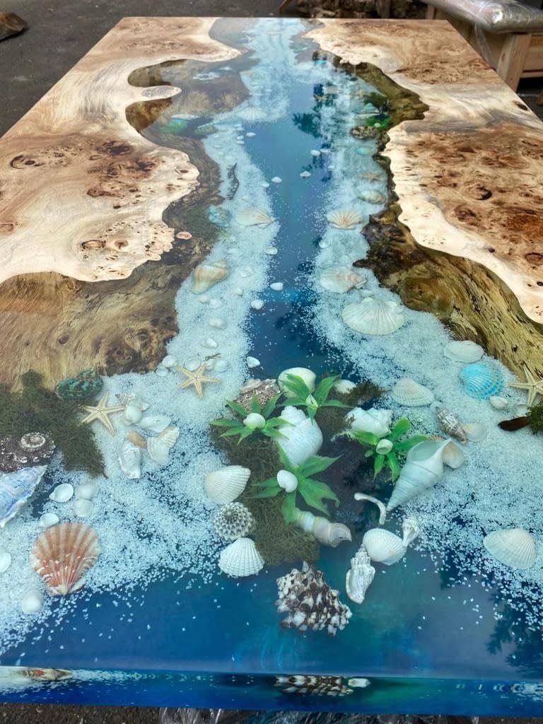 Custom River Epoxy with Shells and Stone Look Dinning Table Coffee Table Side/End Table Coastal Table Top Living Room Table Bar Counter Home Décor - resinhomefurniture