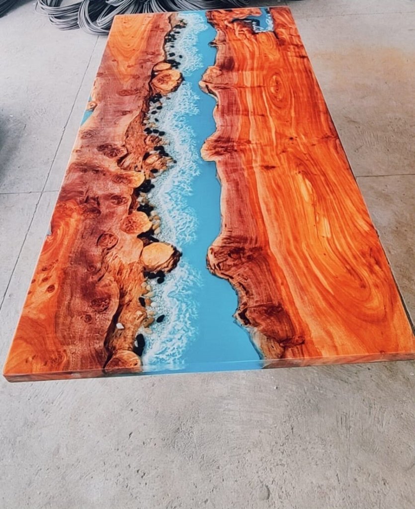 Custom River With Stones And Wave Table Resin Table Epoxy Dining Table Coffee Table End Table Bar Counter Top Living Room Table Wooden Table - resinhomefurniture