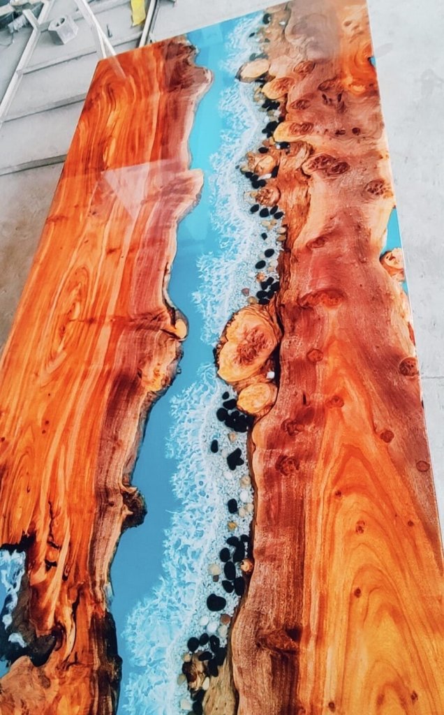 Custom River With Stones And Wave Table Resin Table Epoxy Dining Table Coffee Table End Table Bar Counter Top Living Room Table Wooden Table - resinhomefurniture