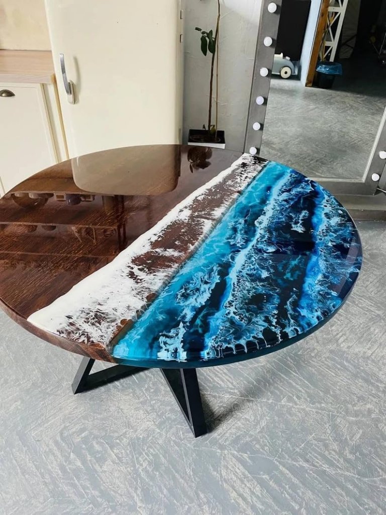 Custom Wood Olive Blue Epoxy Coffee Table Clear Table Dining Table Living Room Table for 2, 4, 6, 8 Multi Ocean Table Round Table Wooden Table Home Décor Patio Table - resinhomefurniture