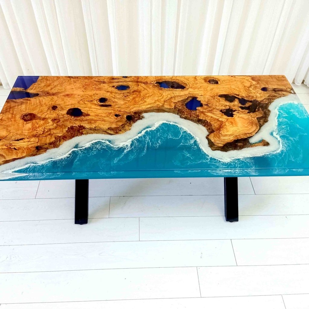 Custom Wood Resin Epoxy Realistic Ocean Beach feel with Waves Table Coastal table Top Dining Table Coffee Table Side/End Table Home D?cor - resinhomefurniture