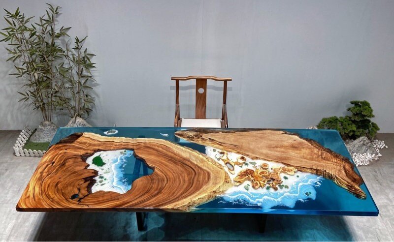 Customized Large Epoxy Table, Mountain With Stone, Dining Table for 2, 4, 6, 8, Living Room Table Epoxy Coffee Table Top, Resin Bar Counter - resinhomefurniture