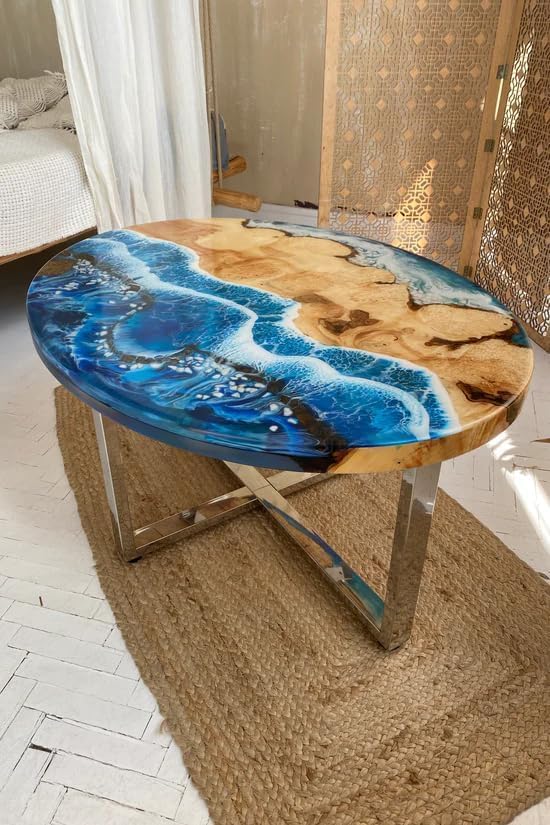 Customized Resin Epoxy Round Table Top, Ocean Blue Resin with Stones, Coffee Table Design, Resin Table, Luxury Decor Table, Walnut Table, Wooden Resin Table - resinhomefurniture