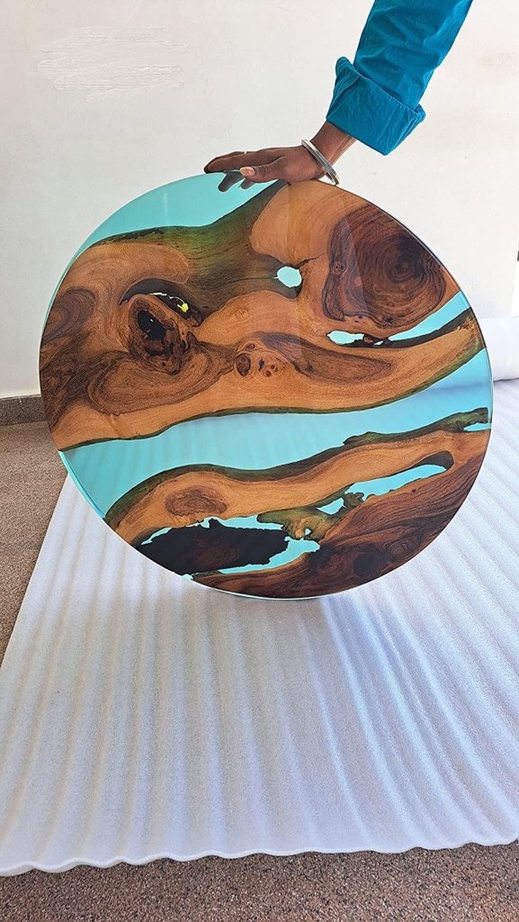 Customized Resin Epoxy Round Top Table, Solid Wood & Blue Epoxy Resin, Epoxy River Round Top, Kitchen Top, Live Edge, 30 x 30 Inches - resinhomefurniture