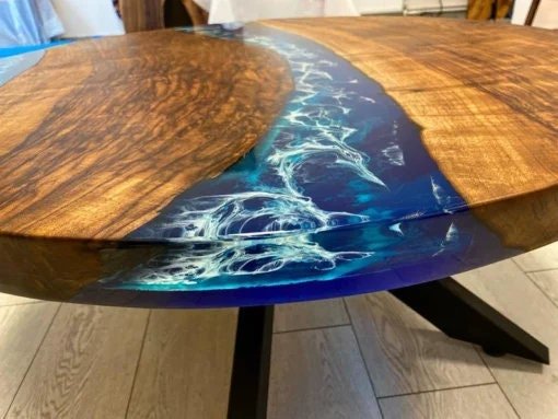 Customized Resin Epoxy Round Top Table, Solid Wood Ocean Blue Epoxy Resin, Epoxy River Round Top, Kitchen Top, Live Edge, 30 x 30 Inches - resinhomefurniture