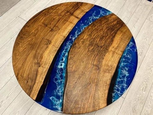 Customized Resin Epoxy Round Top Table, Solid Wood Ocean Blue Epoxy Resin, Epoxy River Round Top, Kitchen Top, Live Edge, 30 x 30 Inches - resinhomefurniture