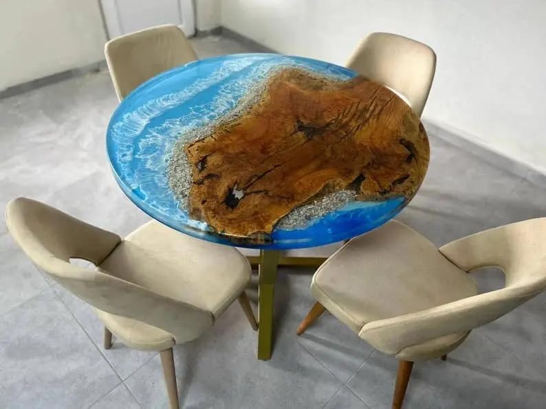 Customized Resin Round Table Top Blue Ocean with Stones Epoxy Resin, Coffee Table Design, Resin Table, Luxury Decor Table, Walnut Table, Wooden Resin Table - resinhomefurniture