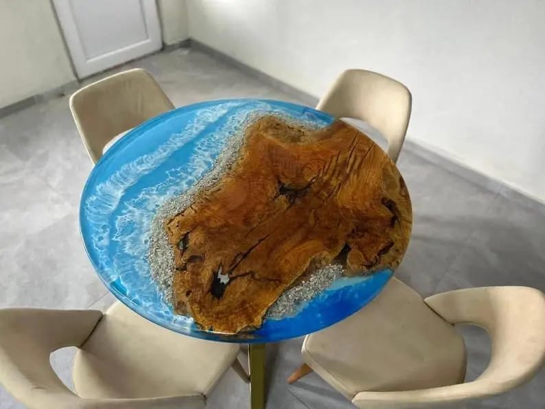 Customized Resin Round Table Top Blue Ocean with Stones Epoxy Resin, Coffee Table Design, Resin Table, Luxury Decor Table, Walnut Table, Wooden Resin Table - resinhomefurniture