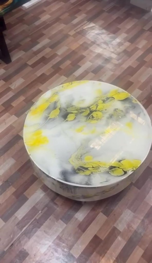 Customized White Marble Look with Yellow Leaf Pattern Resin Round Table, Coffee Table, Resin Table, Luxury Table, Walnut Table, Wooden Resin Table. Size 31.5 by 31.5 Inches with Legs 10" Inches - resinhomefurniture