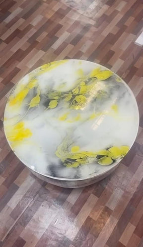 Customized White Marble Look with Yellow Leaf Pattern Resin Round Table, Coffee Table, Resin Table, Luxury Table, Walnut Table, Wooden Resin Table. Size 31.5 by 31.5 Inches with Legs 10" Inches - resinhomefurniture