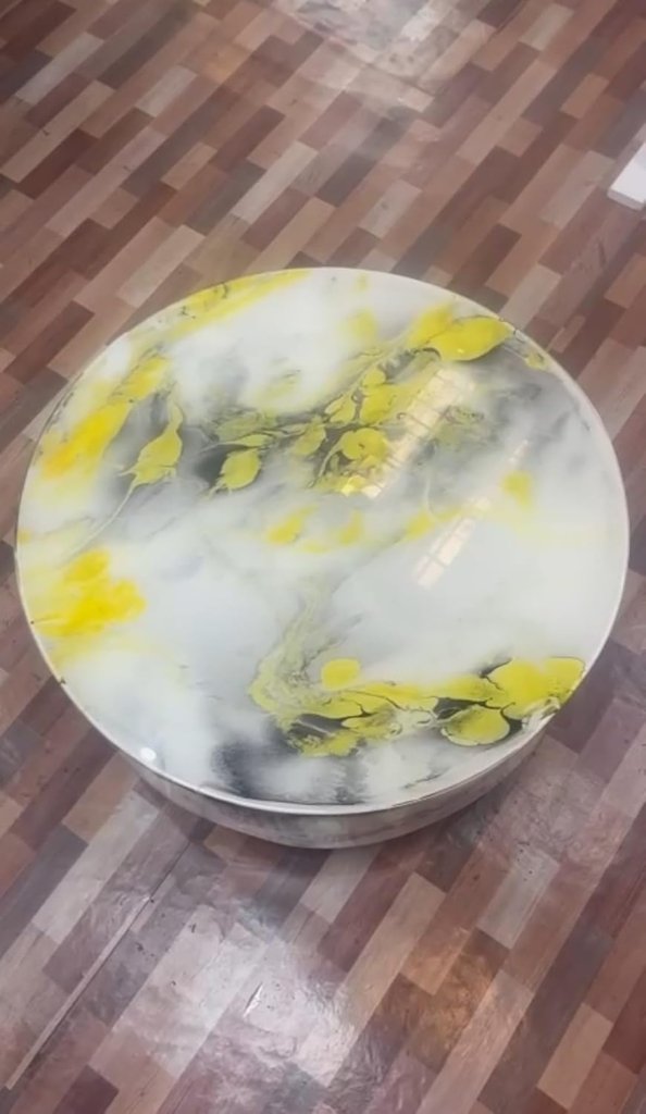 Customized White Marble Look with Yellow Leaf Pattern Resin Round Table, Coffee Table, Resin Table, Luxury Table, Walnut Table, Wooden Resin Table. Size 31.5 by 31.5 Inches with Legs 10" Inches - resinhomefurniture