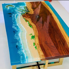 Epoxy Resin Artistic Handmade Ocean Island Beach Art Solid Wooden customize Coffee/Dining Tables for Living/Dining Rooms - resinhomefurniture