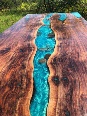 Personalized Cerulean Blue Metallic Epoxy Resin with Pebbles Dining Table Living Room Table Coffee Table Patio Table Conference Table Kitchen Table Home Décor - resinhomefurniture