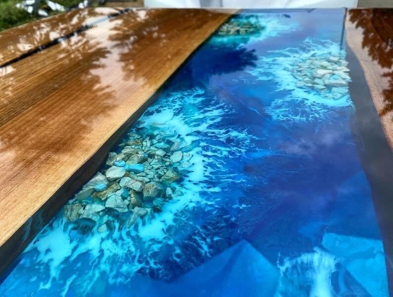 Personalized Glossy Walnut Aquarium Blue Epoxy Resin Table Sea Look Coffee Table Centre Table Living Room Table Dining Table Patio Table Console Table End Table - resinhomefurniture