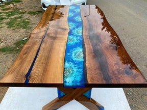 Personalized Glossy Walnut Aquarium Blue Epoxy Resin Table Sea Look Coffee Table Centre Table Living Room Table Dining Table Patio Table Console Table End Table - resinhomefurniture