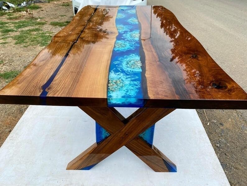 Personalized Glossy Walnut Aquarium Blue Epoxy Resin Table Sea Look Coffee Table Centre Table Living Room Table Dining Table Patio Table Console Table End Table - resinhomefurniture