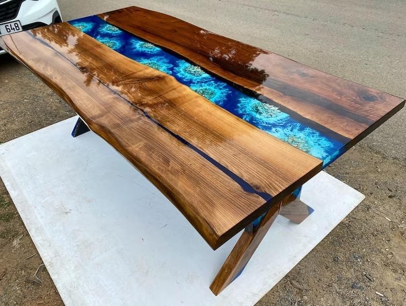 Personalized Glossy Walnut Aquarium Blue Epoxy Resin Table Sea Look Coffee Table Centre Table Living Room Table Dining Table Patio Table Console Table End Table - resinhomefurniture