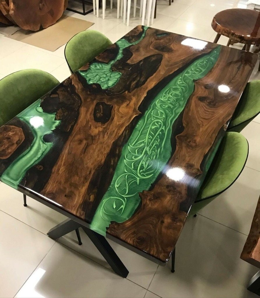 Personalized Large EPOXY Table, Resin Dining Table for 2, 4, 6, 8 Green Classic, Wood Epoxy Coffee Table Top, Living Room Table - resinhomefurniture