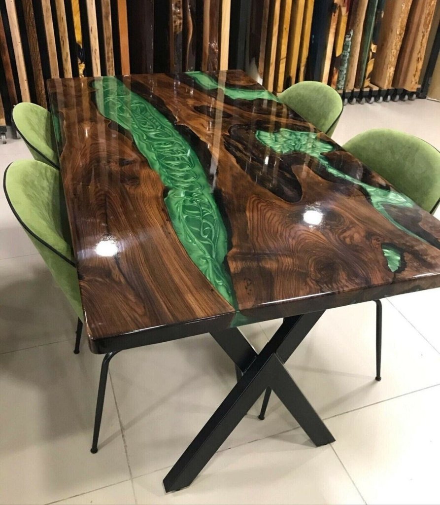 Personalized Large EPOXY Table, Resin Dining Table for 2, 4, 6, 8 Green Classic, Wood Epoxy Coffee Table Top, Living Room Table - resinhomefurniture