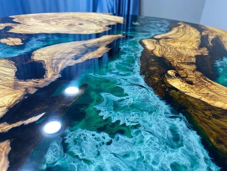 Personalized Round Olive Blue & Emerald Green Ocean Epoxy Resin Dining Table Coffee Table Sea Table Living Room Table Home Decor Bar Counter Side Table End Table - resinhomefurniture