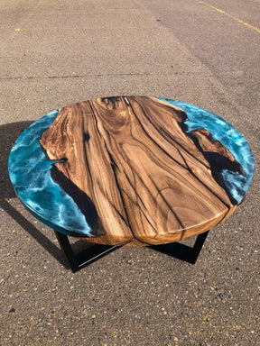 Personalized Subtle Blue Epoxy Resin Round Coffee Table Ocean Table Living Room Table for 2, 4, 6, 8 Patio Table Coastal Table Side & End Table Home Decor - resinhomefurniture