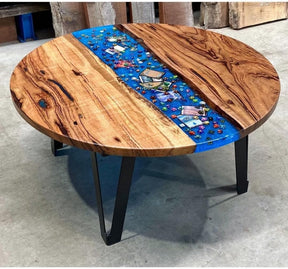 Premium Handcrafted Dice Round Live Edge Epoxy Resin River Table with Game Pieces Unique Artistic Dining Table Living Room Table Coffee Table Home/Office Décor (With Stand) - resinhomefurniture